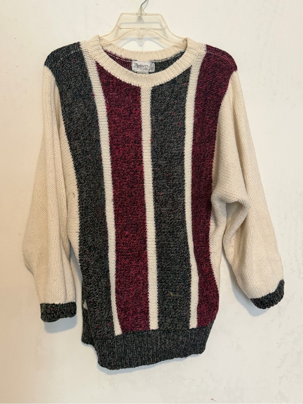 Vintage 90s Chunky Knit Striped Sweater Oversized Burgundy Cream